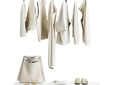 Hanging Beige Clothes With Matching Bag Shoes And Accessories On White Table 3d model