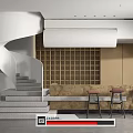 Modern Reception Area with Spiral Staircase Bar Counter and Grid Panel Design Elements 3d model