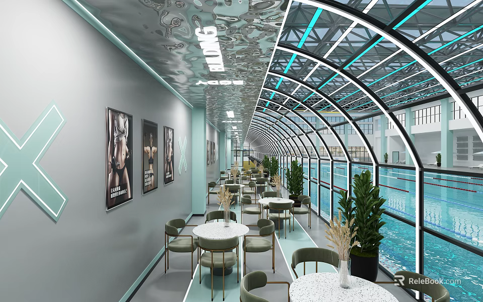 Modern Indoor Swimming Pool With Arched Glass Roof Posters Tables And Plants 3d model 