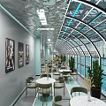 Modern Indoor Swimming Pool With Arched Glass Roof Posters Tables And Plants