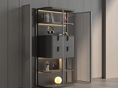 Sleek Modern Decorative Cabinet With Glass Doors Shelves Interior Lighting And Display Items 3d model