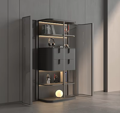 Sleek Modern Decorative Cabinet With Glass Doors Shelves Interior Lighting And Display Items 3d model