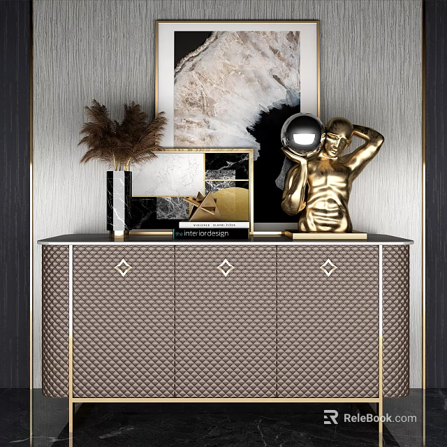Elegant Console Sideboard Cabinet With Gold Accents Textured Panels And Decorative Sculptures On Top 3d model 