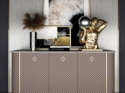 Elegant Console Sideboard Cabinet With Gold Accents Textured Panels And Decorative Sculptures On Top 3d model