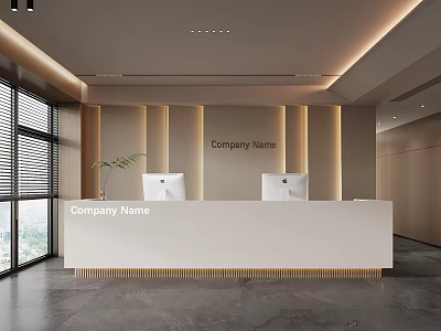 Modern Company Reception Desk With Wooden Walls Green Plant And Large Windows 3d model