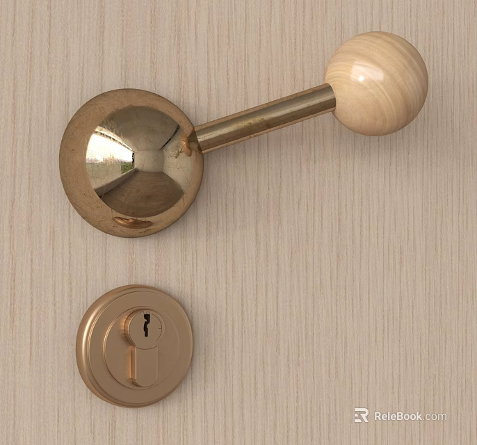 Brass Door Handle With Wooden Spherical Knob And Keyhole On Wood Grain Door 3d model 