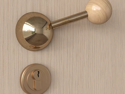 Brass Door Handle With Wooden Spherical Knob And Keyhole On Wood Grain Door 3d model