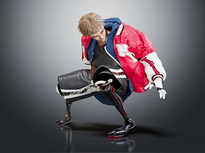 Cyborg Character In Red And White Jacket With Mechanical Legs Crouching On Reflective Surface 3d model