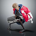 Cyborg Character In Red And White Jacket With Mechanical Legs Crouching On Reflective Surface