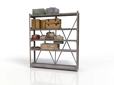 Rustic Wooden Shelf Display With Vintage Storage Boxes And Decorative Crates 3d model