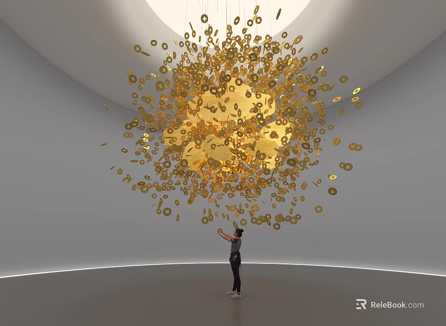 Golden Jewelry Art Installation With Hanging Intricate Decorative Pieces And Person Admiring 3d model 