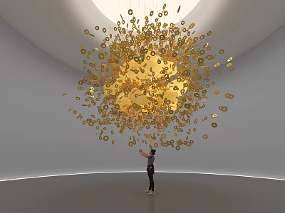 Golden Jewelry Art Installation With Hanging Intricate Decorative Pieces And Person Admiring 3d model