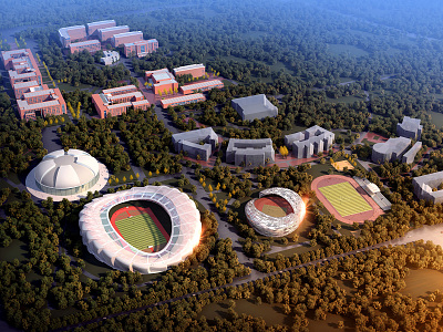 Modern School Office Teaching Building Stadium Aerial View 3d model