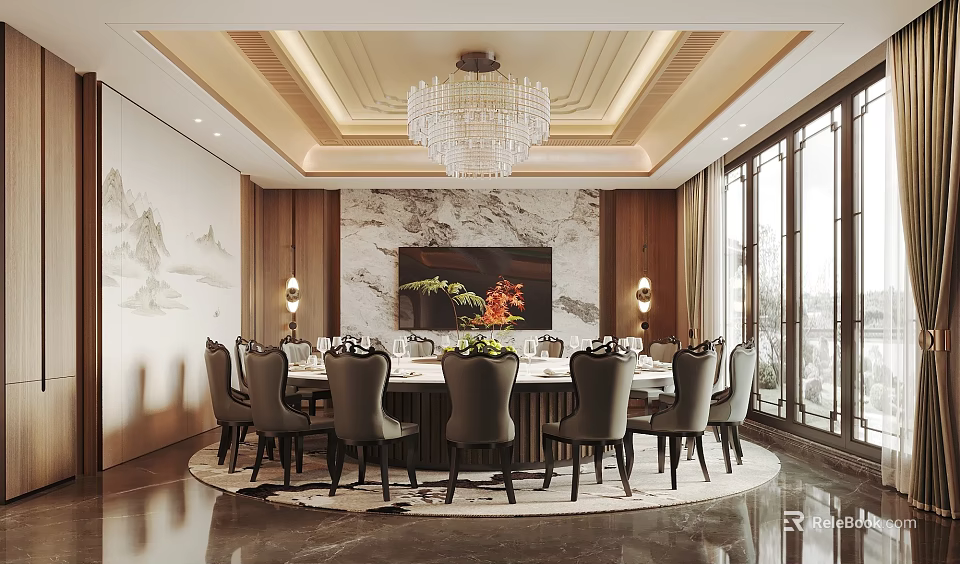 Luxurious Private Dining Room With Round Table And Crystal Chandelier 3d model