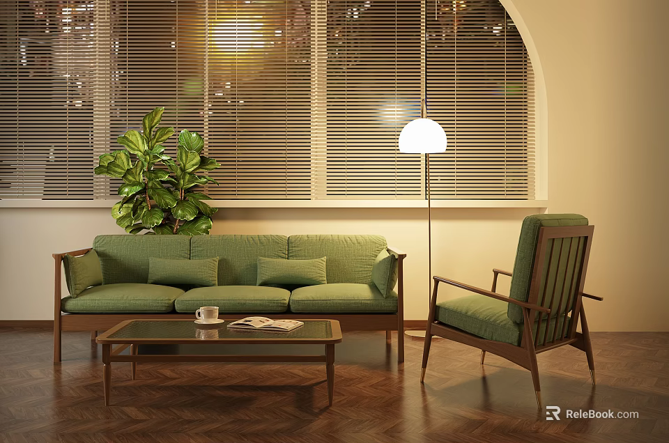 Modern Leisure Sofa Combination Interior With Green Plant Floor Lamp And Coffee Table 3d model 