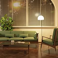Modern Leisure Sofa Combination Interior With Green Plant Floor Lamp And Coffee Table