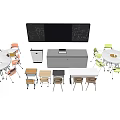 Modern Office Desks With S Shaped Round Tables Cabinets And Big Screen