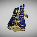 Blue And Gold Mechanical Glove With Intricate Geometric Patterns And Metallic Components