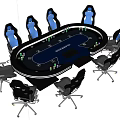 Texas Hold'em Entertainment Table With Blue Surface Surrounding Chairs And Poker Chips
