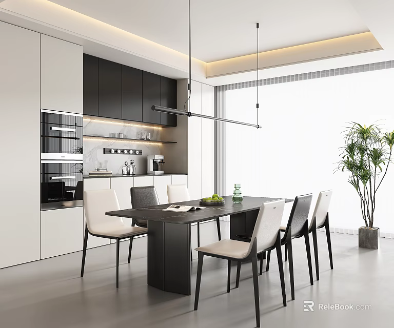 Modern Restaurant Interior With Dining Table Chairs Kitchen Area And Hanging Lights 3d model