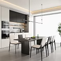 Modern Restaurant Interior With Dining Table Chairs Kitchen Area And Hanging Lights 3d model