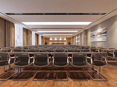 Modern Spacious Conference Room With Rows Of Chairs Wooden Floor And Wall Art 3d model