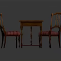 Vintage Wooden Table With Carved Back Chairs And Red Plaid Fabric Seats
