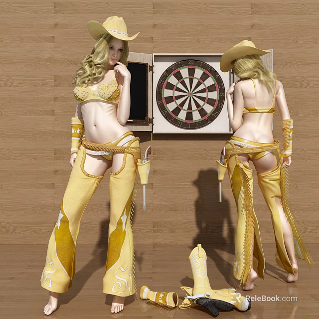 Woman In Cowgirl Themed Yellow Outfit Posing By Dartboard With Wooden Wall Background 3d model 