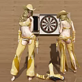 Woman In Cowgirl Themed Yellow Outfit Posing By Dartboard With Wooden Wall Background
