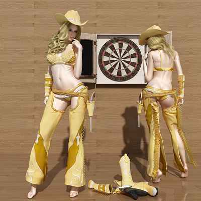 Woman In Cowgirl Themed Yellow Outfit Posing By Dartboard With Wooden Wall Background 3d model