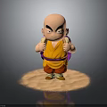 Cartoon Bald Man With Serious Expression In Yellow Top Red Pants Purple Backpack And Halo