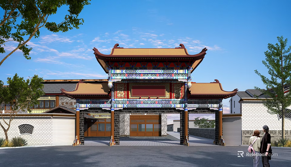 Traditional Chinese Ancient Architecture Classic Gate With Ornate Eaves And Colorful Wooden Carvings 3d model 