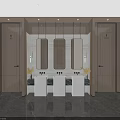 Modern Public Restroom Interior With Three Vanity Sinks Mirrors And Stall Doors