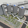 Modern Office Building With Glass Curtain Walls Atrium Open Space Greenery Skybridge And Pedestrians