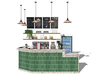 Green Tiled Bar Counter With Pendant Lights Coffee Machine And Chalkboard Menus 3d model