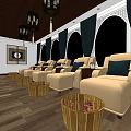 SPA Sauna Comfortable Relaxation Room With Beige Sofas Footstools And Arched Windows