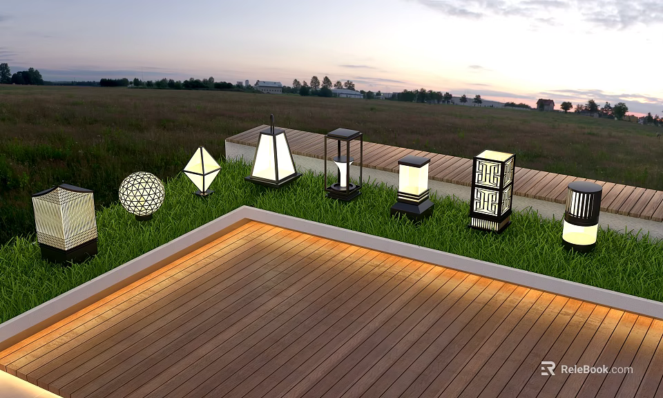 Various Stylish Outdoor Lights Decorating Garden Lawn And Wooden Deck Area 3d model 