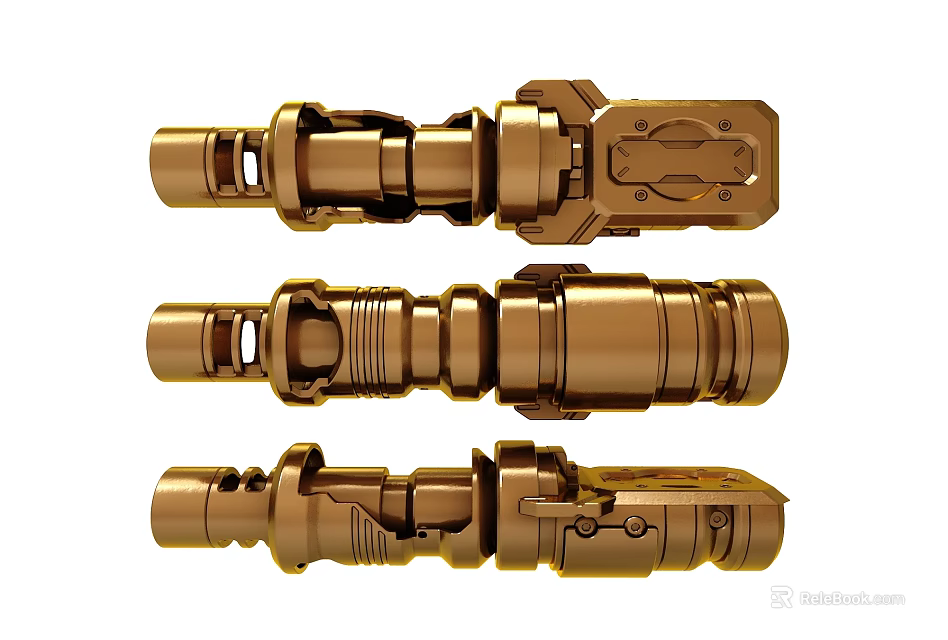 Golden Mechanical Components Three Detailed Connector Parts With Intricate Design 3d model 