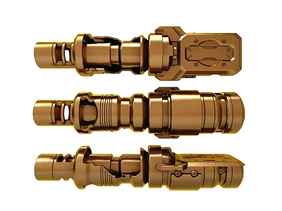 Golden Mechanical Components Three Detailed Connector Parts With Intricate Design 3d model
