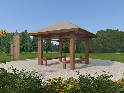 Outdoor Wooden Gazebo In Garden With Lawn Trees Flowers And Signboard 3d model