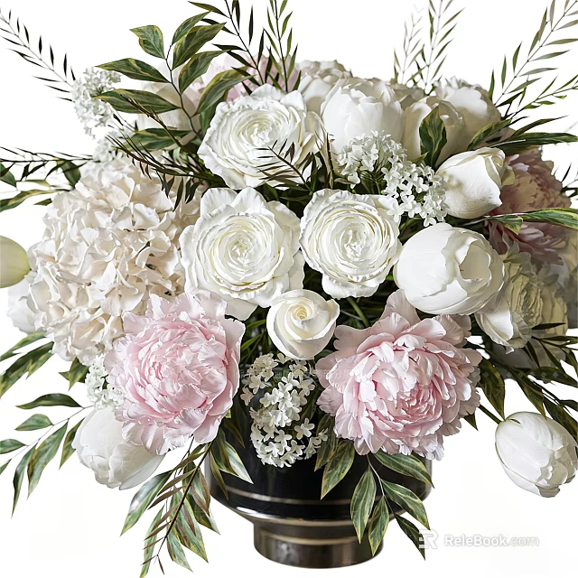 Elegant Flower Arrangement In Vase With White Pink Peonies Roses And Green Leaves 3d model 