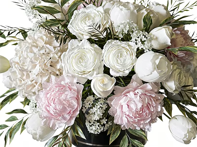 Elegant Flower Arrangement In Vase With White Pink Peonies Roses And Green Leaves 3d model