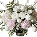 Elegant Flower Arrangement In Vase With White Pink Peonies Roses And Green Leaves