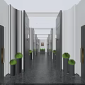 Elegant Hotel Corridor With Dark Doors Green Potted Plants Wall Sconces And Framed Painting
