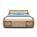 Wooden Car Shaped Kids Bed With Wheel Design And Blue Bedding