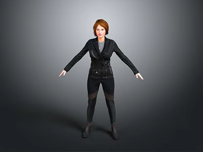 Red Haired Woman In Black Leather Jacket And Trousers Standing With Arms Outstretched 3d model