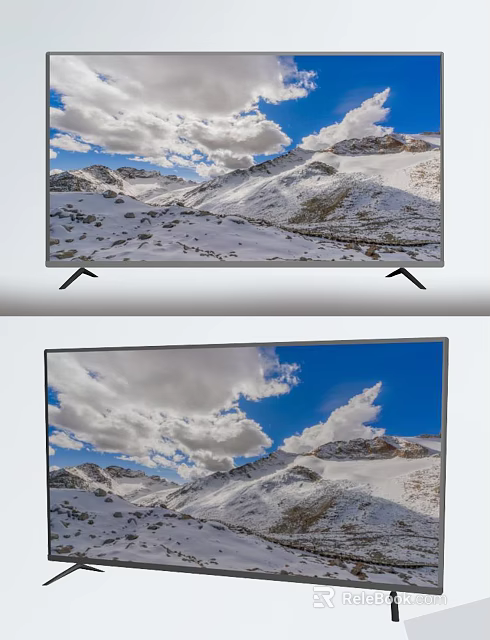 Smart TV Displaying Vivid Snowy Mountains and Blue Sky with White Clouds 3d model 