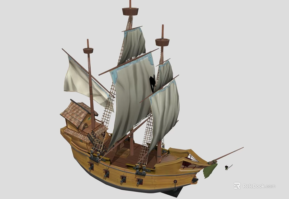 Scenic View Of Classic Wooden Sailing Ship With Multiple Masts And White Sails 3d model 