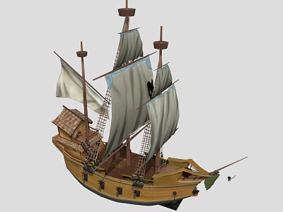 Scenic View Of Classic Wooden Sailing Ship With Multiple Masts And White Sails 3d model