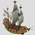Scenic View Of Classic Wooden Sailing Ship With Multiple Masts And White Sails